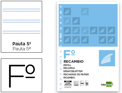 Recambio Liderpapel Folio 100h 60g/m² pauta 2,5mm. 16 taladros